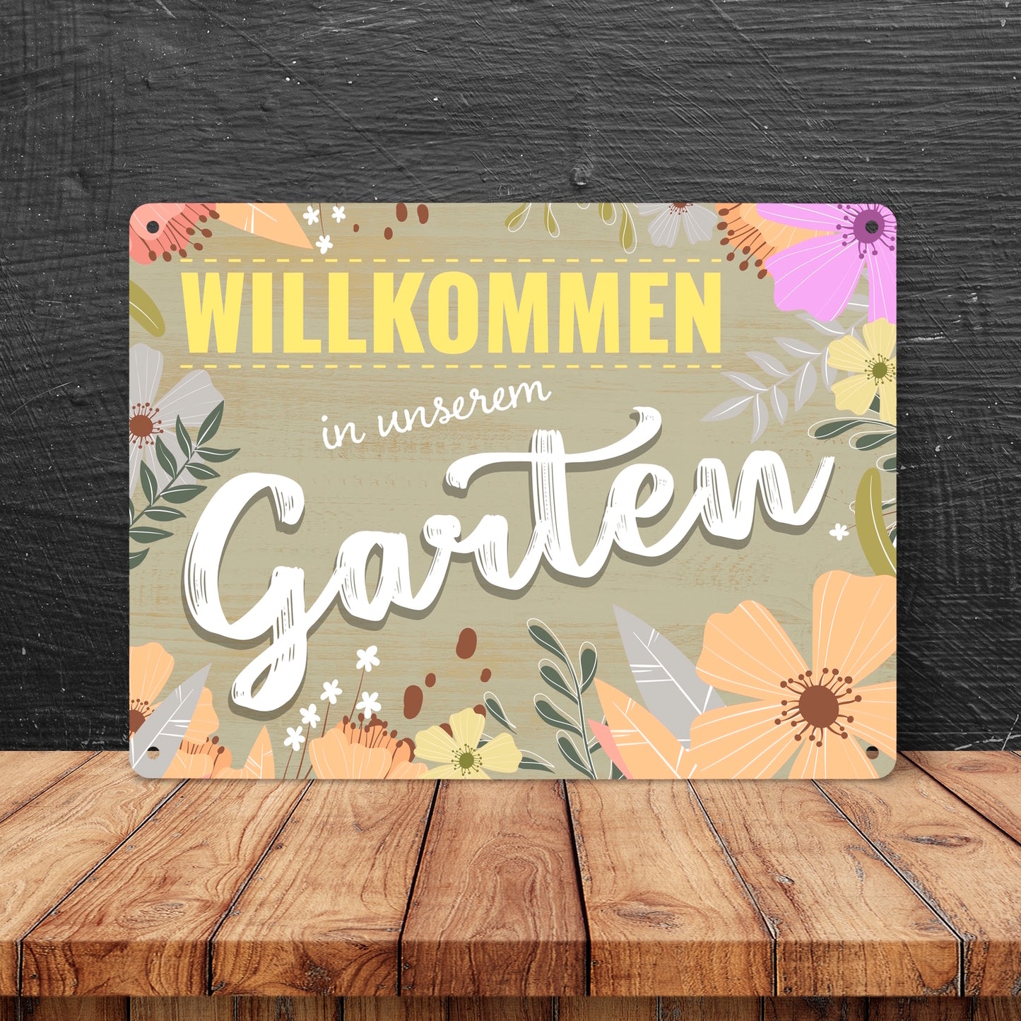 Willkommen in unserem Garten Metallschild XL mit Blumenmustern