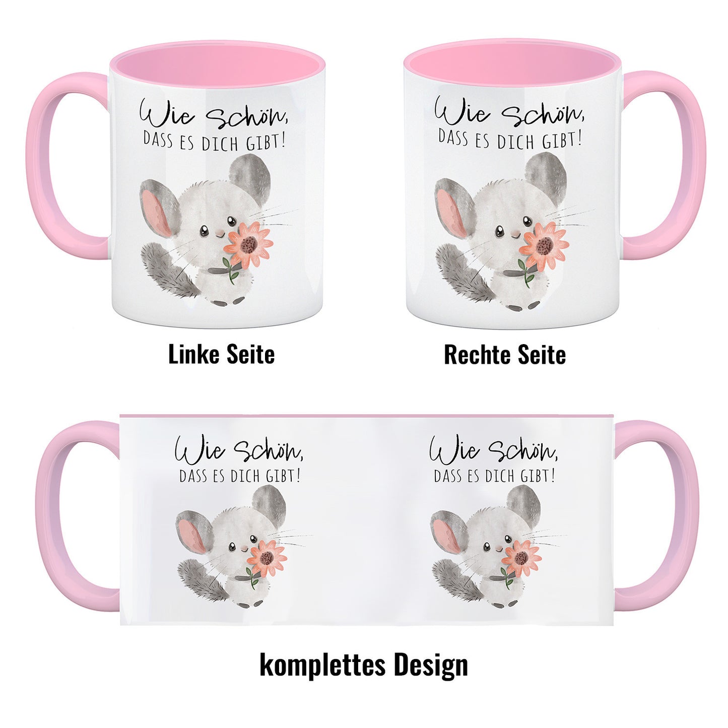 Chinchilla Kaffeebecher in rosa mit Spruch Wie schön dass es dich gibt