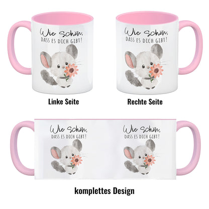 Chinchilla Kaffeebecher in rosa mit Spruch Wie schön dass es dich gibt