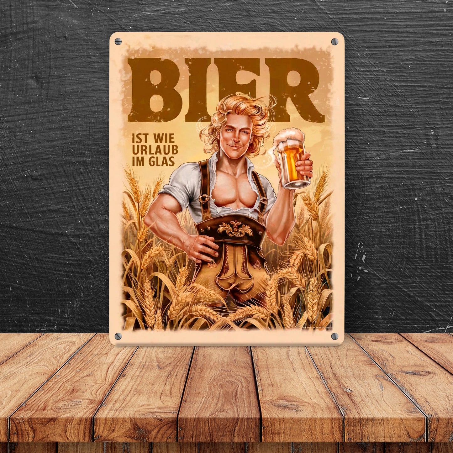 Blonder Mann mit Bier - Urlaub im Glas Metallschild XL in 21x28 cm