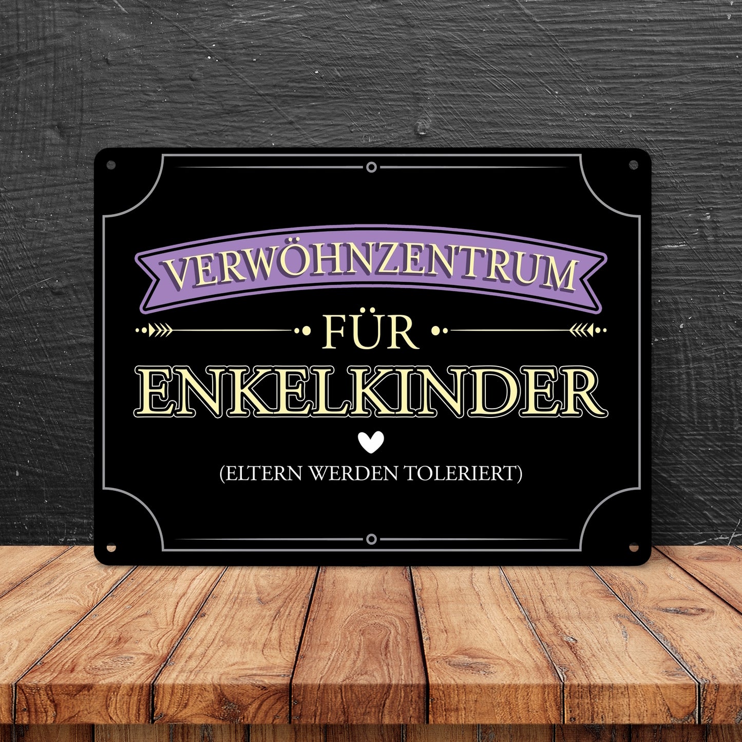 Verwöhnzentrum für Enkelkinder Metallschild XL in 21x28 cm mit lustigem Spruch für Großeltern