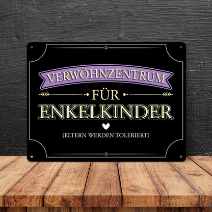 Verwöhnzentrum für Enkelkinder Metallschild XL in 21x28 cm mit lustigem Spruch für Großeltern