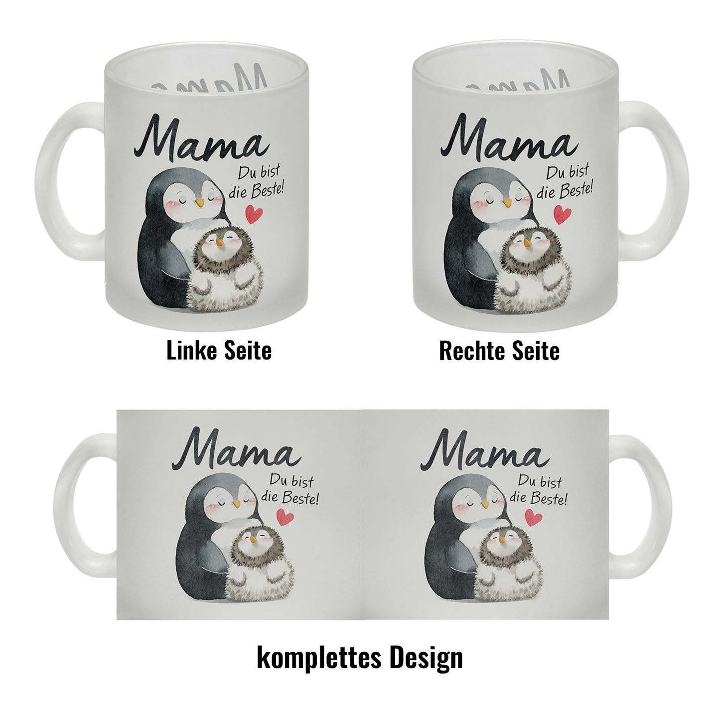 Pinguin Mutter und Kind Glas Tasse mit Spruch Mama du bist die Beste