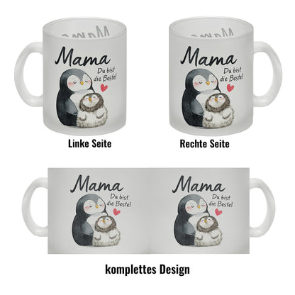 Pinguin Mutter und Kind Glas Tasse mit Spruch Mama du bist die Beste