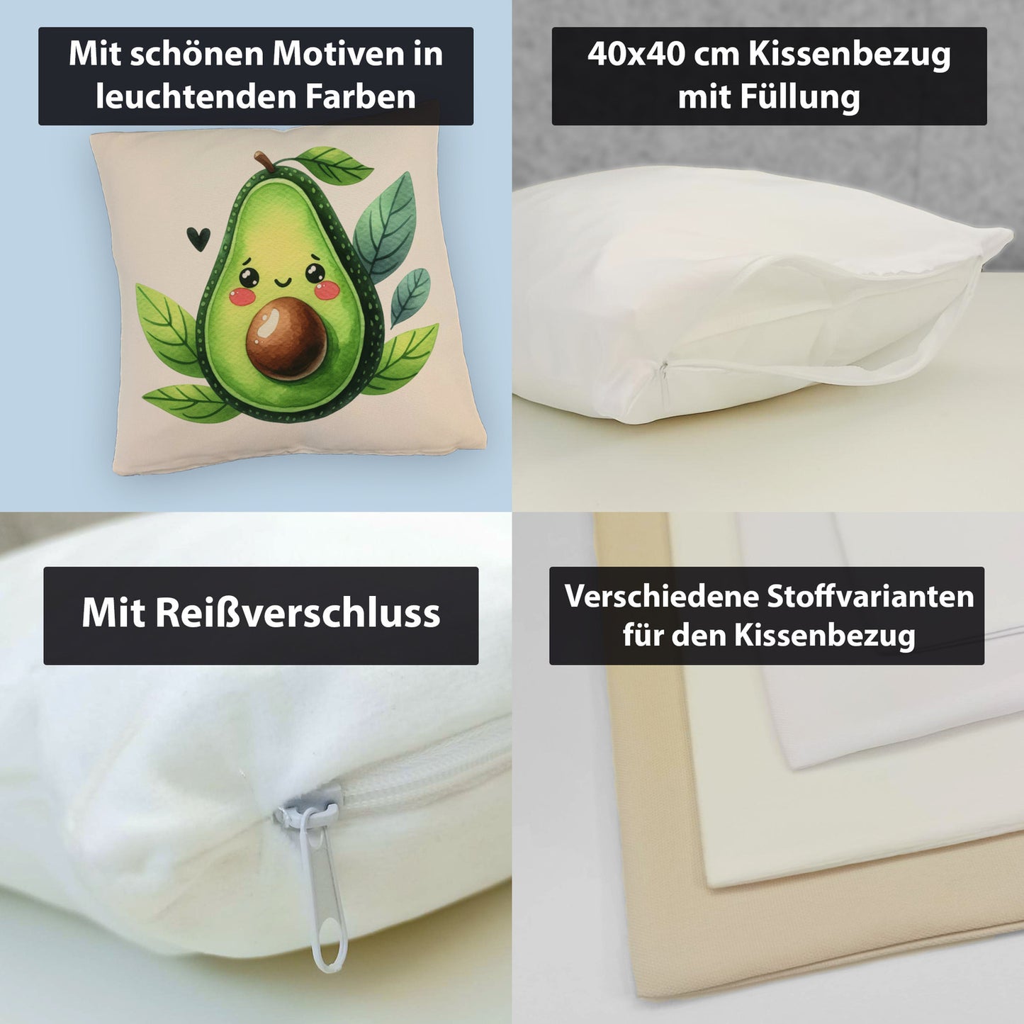 Lächelnde Avocado Kissen mit Leinenoptik