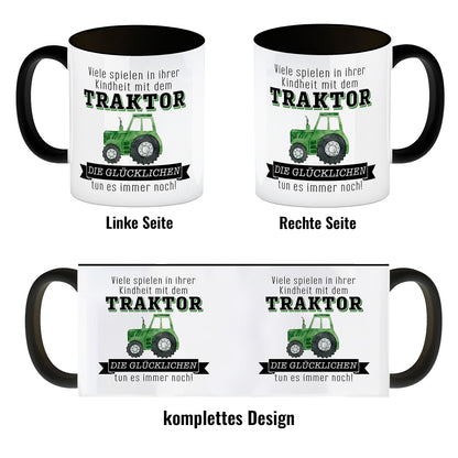 Traktor Kaffeebecher in schwarz mit Spruch Kindheitsträume - Für immer Traktor fahren