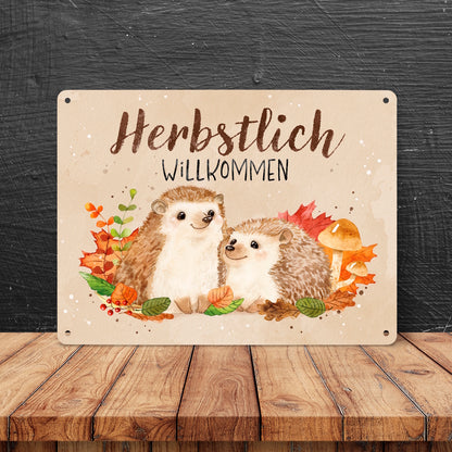 Igel Paar Metallschild XL in 21x28 cm mit Spruch Herbstlich Willkommen