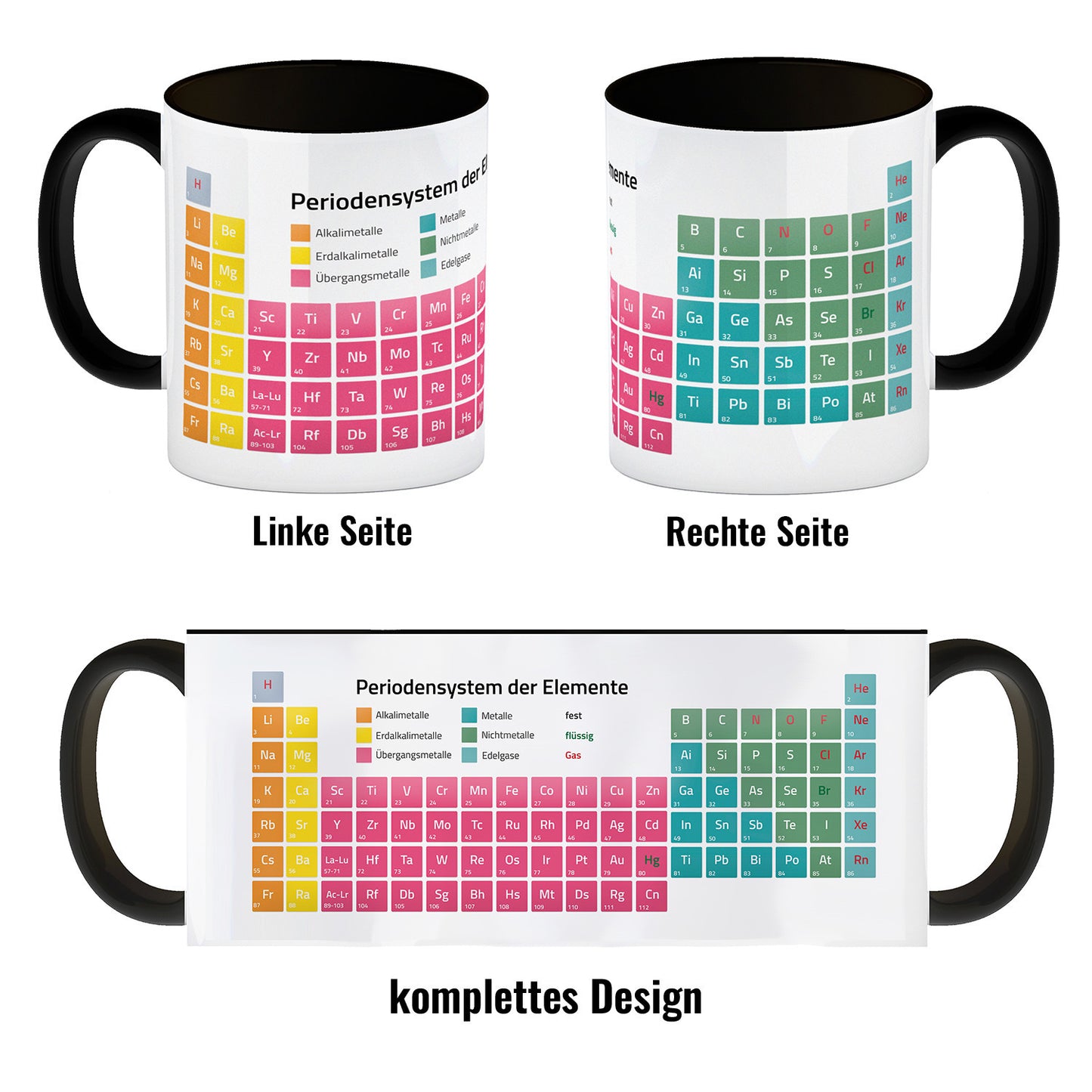 Kaffeebecher Henkel und Innenseite Schwarz mit Periodensystem der Elemente Motiv