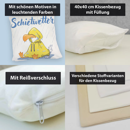 Möwe Kuschelkissen mit Spruch Schietwetter