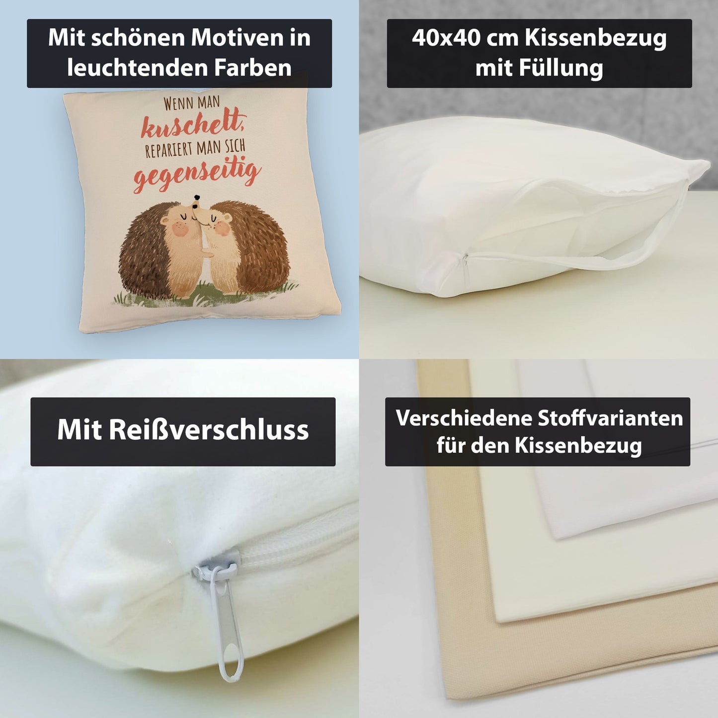 Igel Pärchen Kissen mit Leinenoptik mit Spruch Beim kuscheln repariert man sich gegenseitig