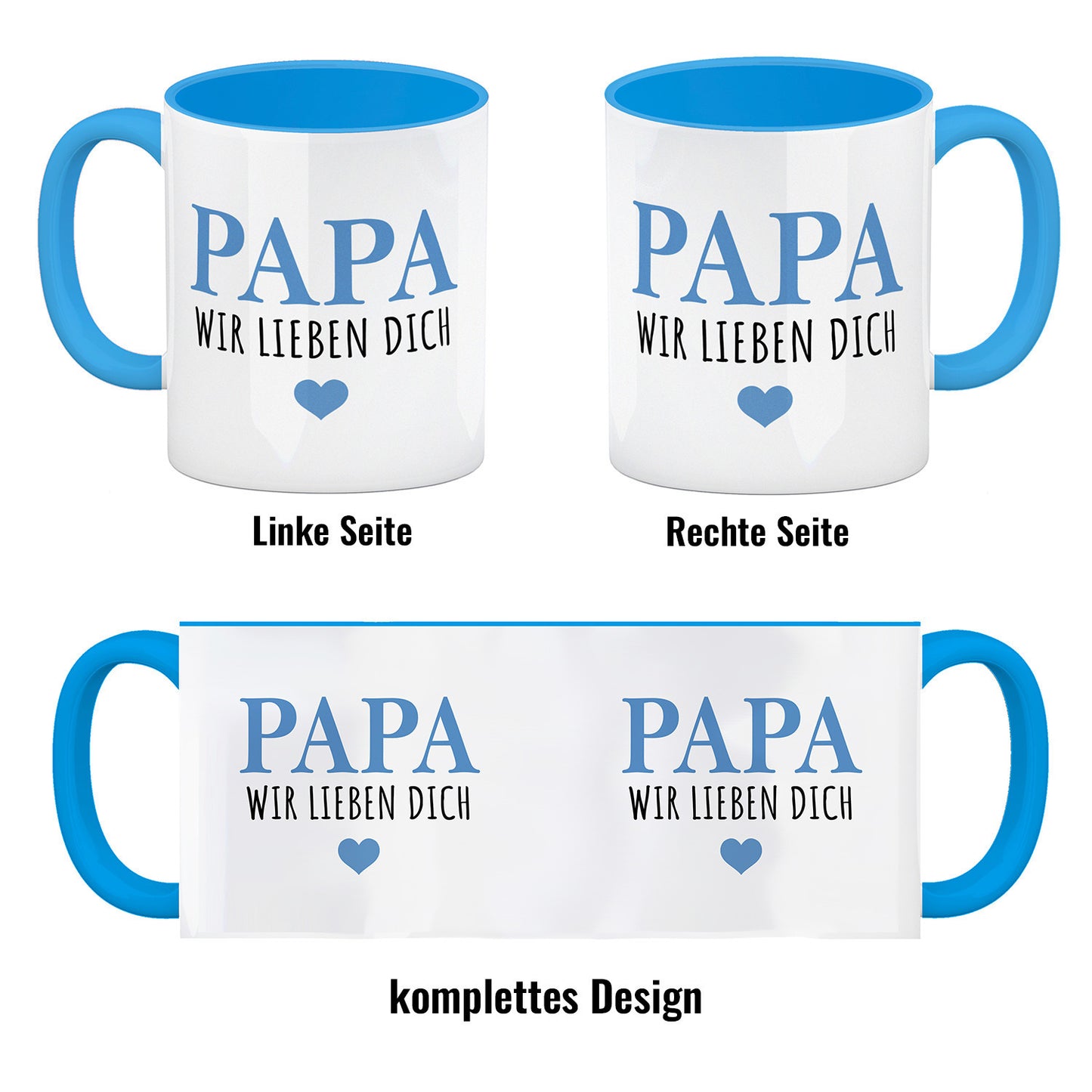 Papa wir lieben dich Kaffeebecher in hellblau in blau mit Herz