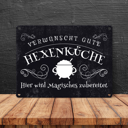 Verwünscht gute Hexenküche Halloween Metallschild in 15x20 cm mit lustigem Spruch