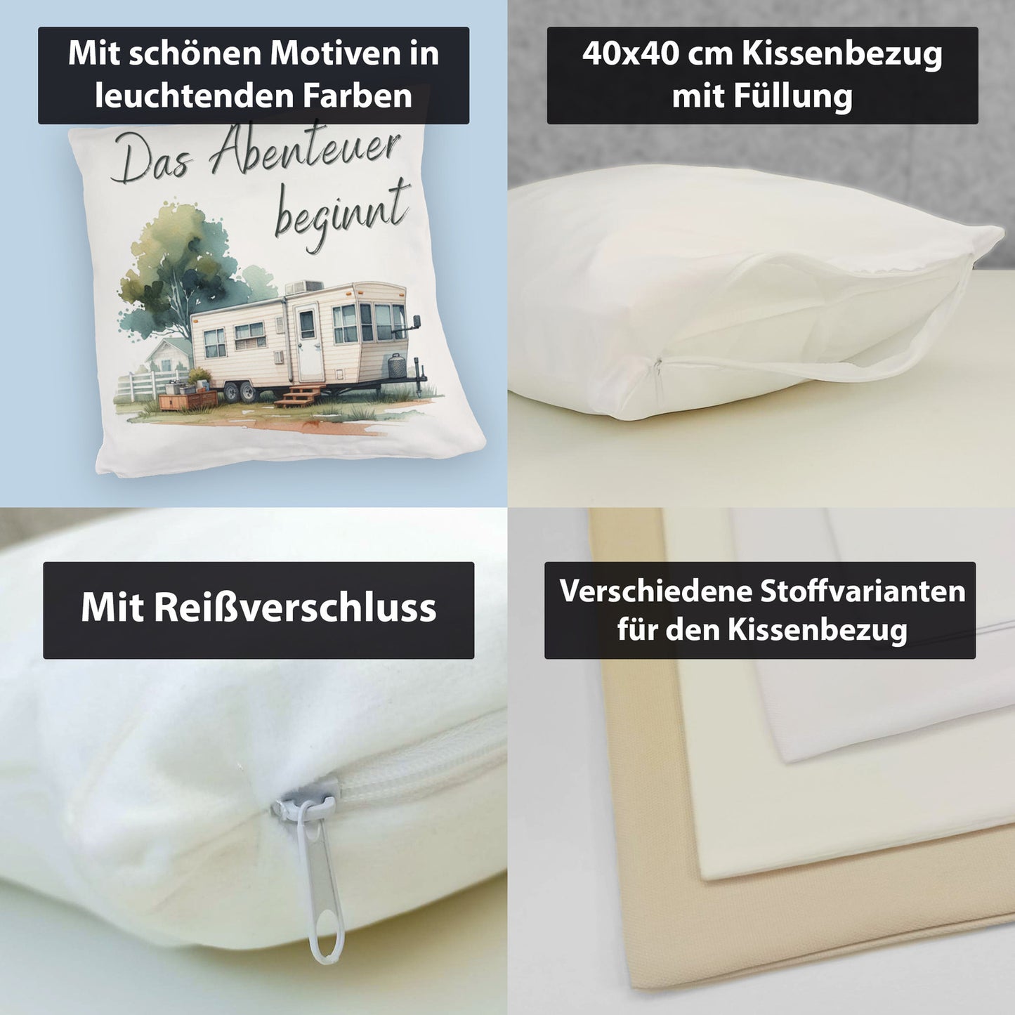 Wohnwagen Kuschelkissen mit Spruch Das Abenteuer beginnt