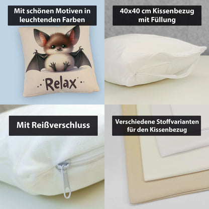 Baby Fledermaus Kissen mit Leinenoptik mit Spruch Relax