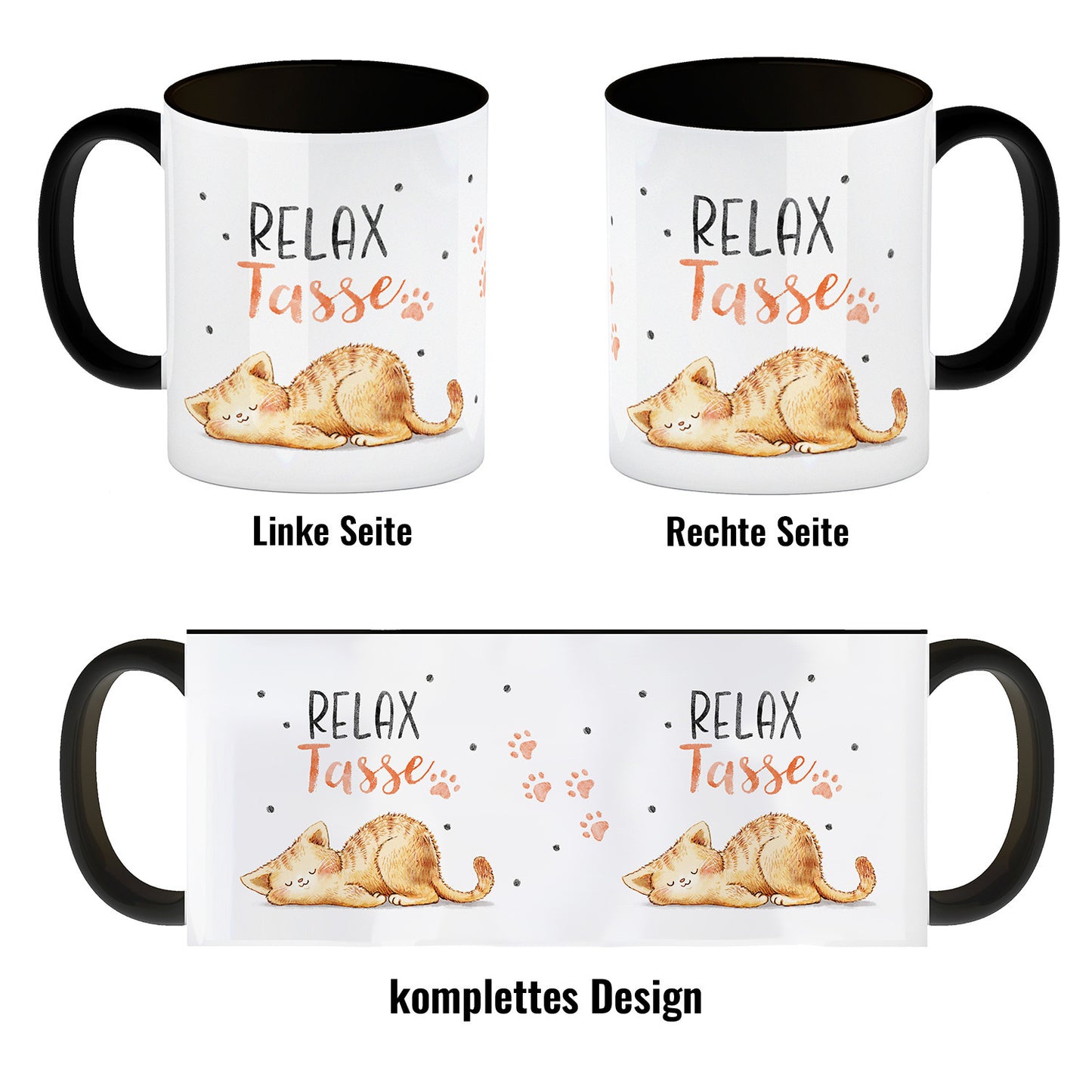 Relaxte Katze Kaffeebecher in schwarz mit Spruch Relax Tasse