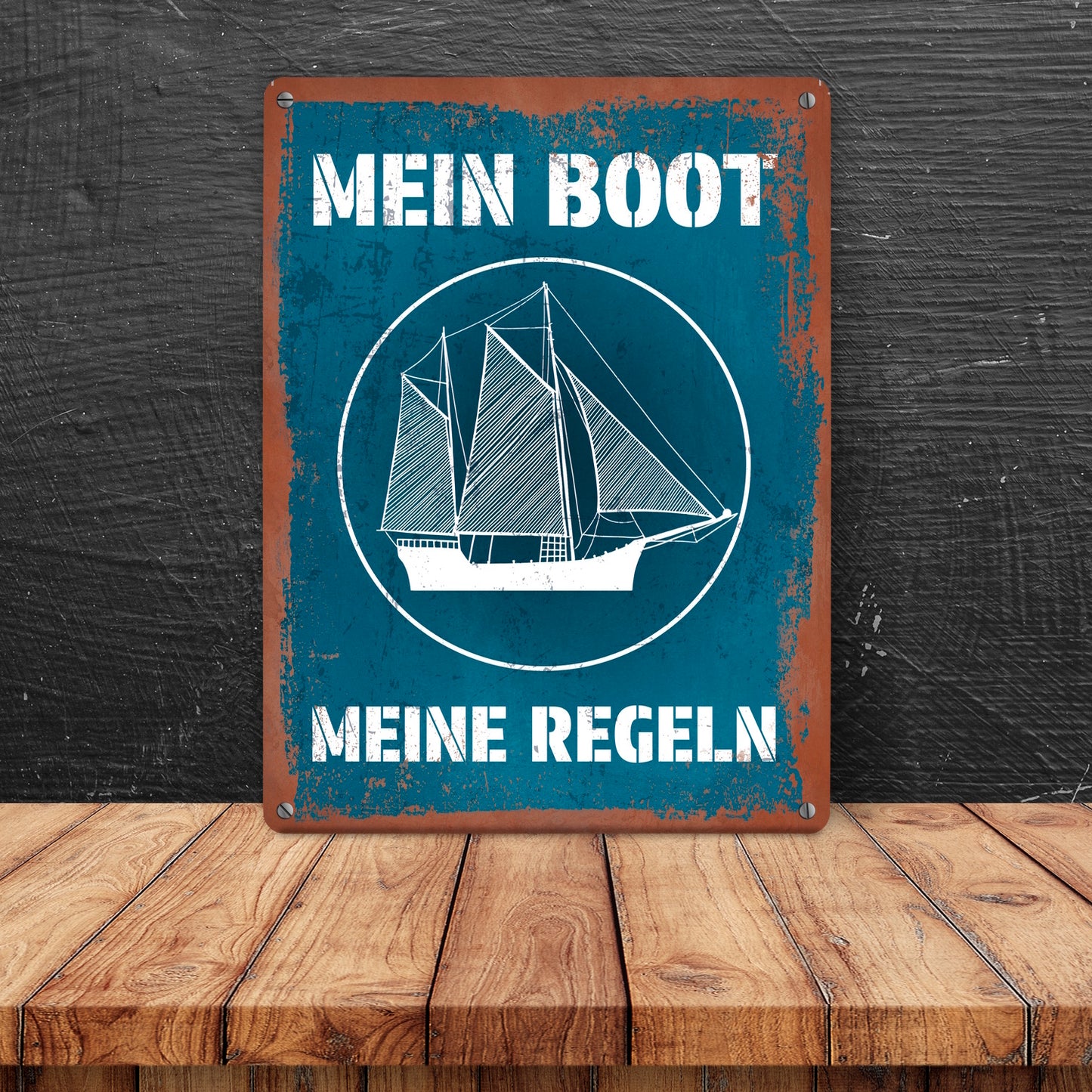 Mein Boot meine Regeln Metallschild in 15x20 cm mit Rostoptik in blau