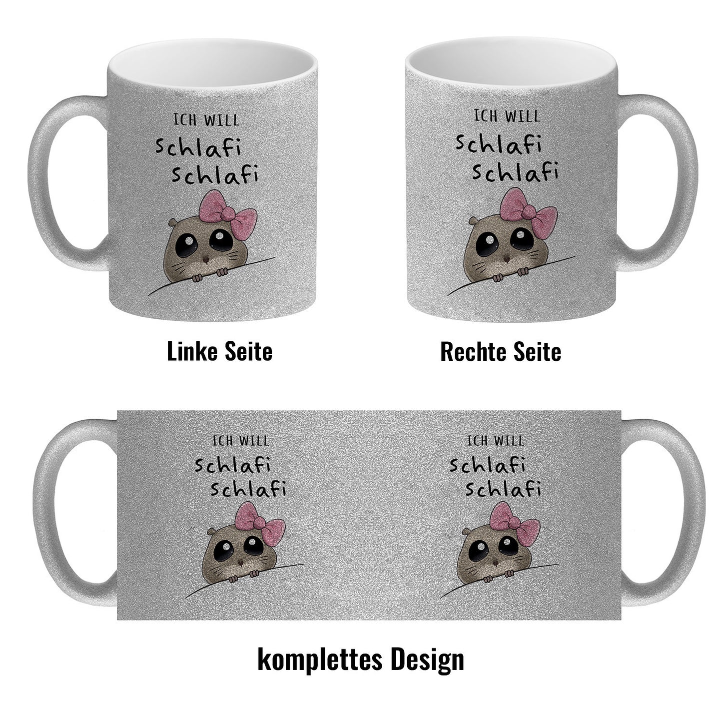 Meme Hamster Glitzer-Kaffeebecher mit Spruch Ich will Schlafi Schlafi