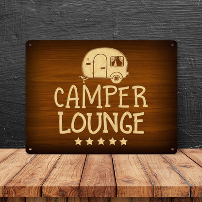 Metallschild XL mit Camper-Lounge Motiv und Spruch: Camper-Lounge