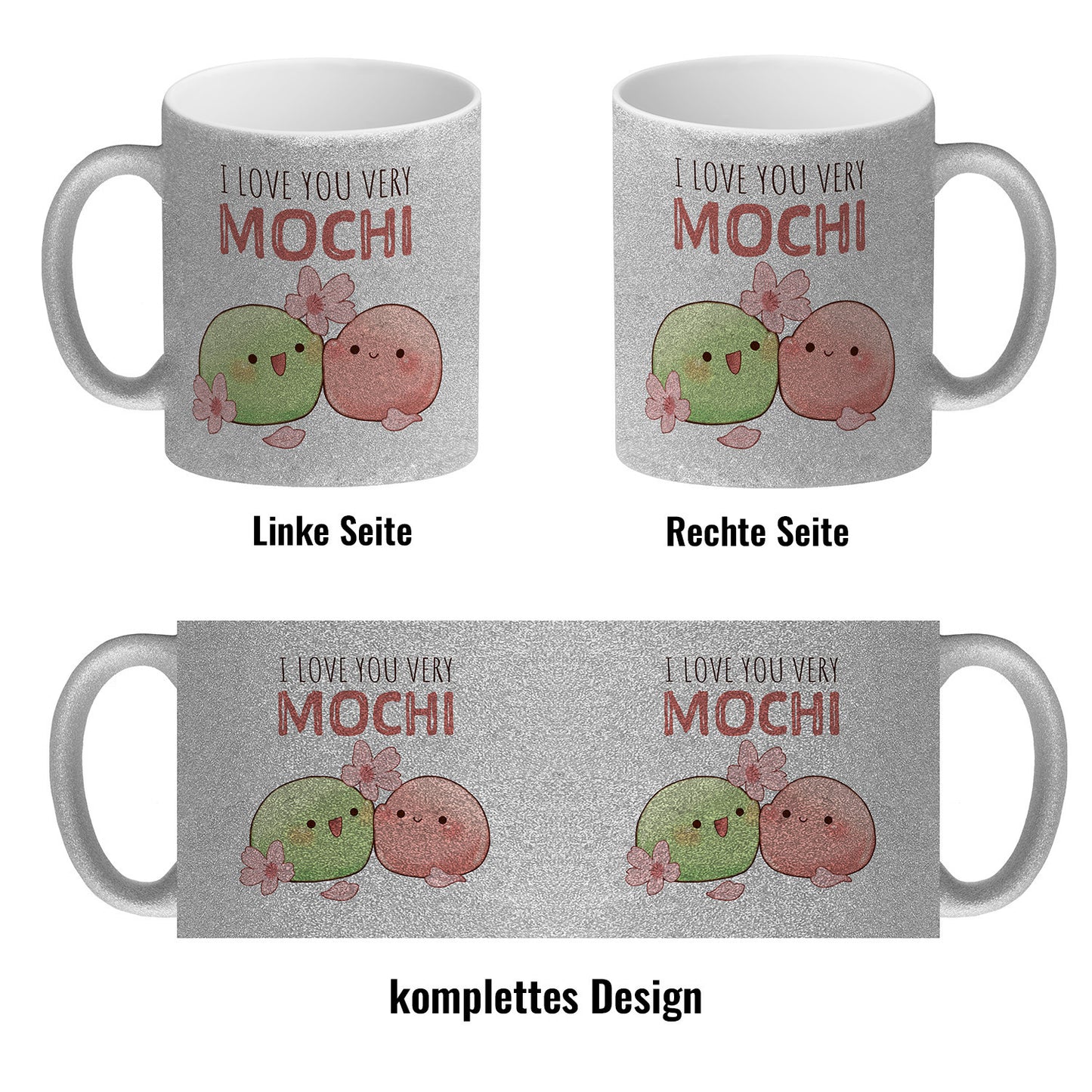 Mochi Paar Glitzer-Kaffeebecher mit Spruch I love you very Mochi