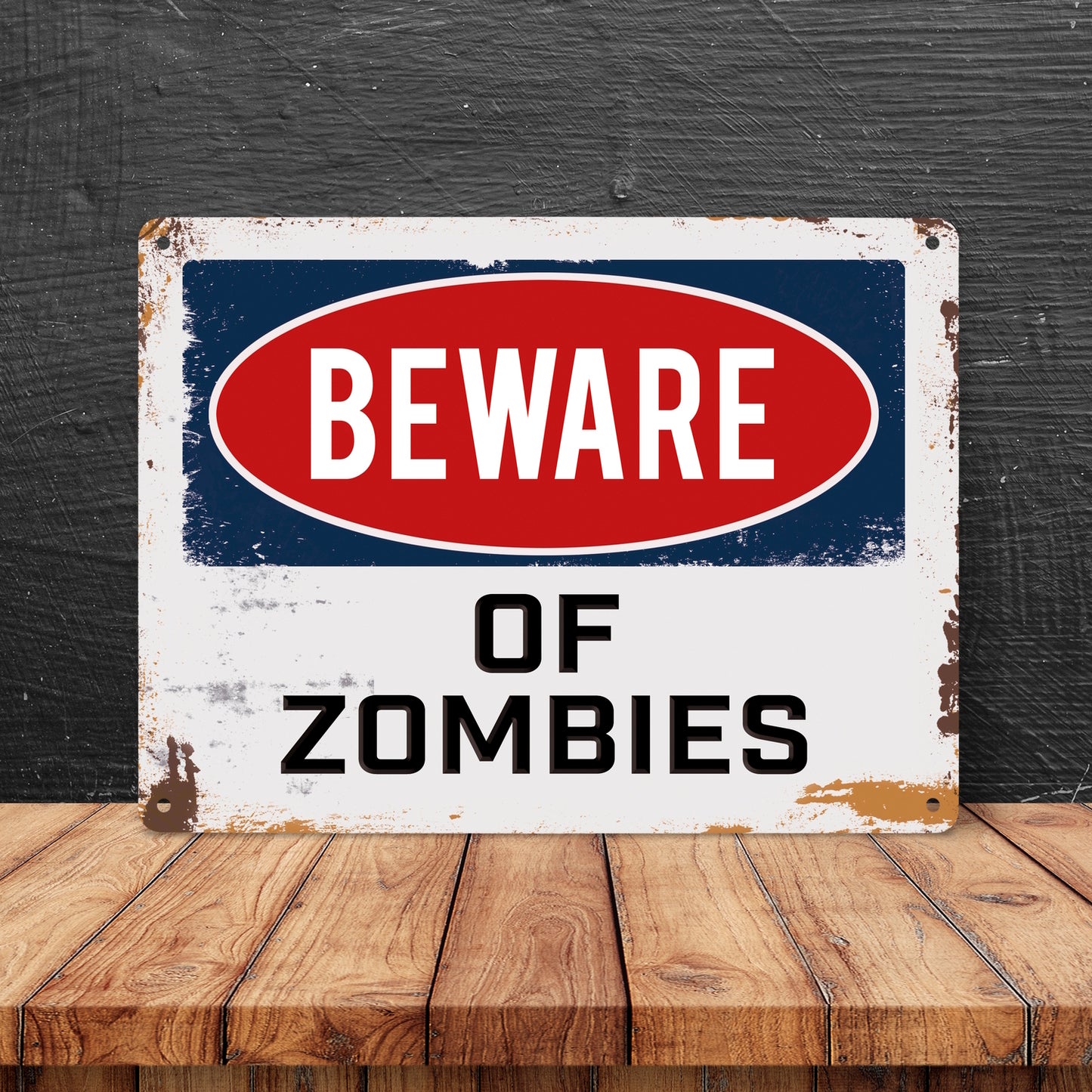 Metallschild XL mit Spruch: Beware of Zombies