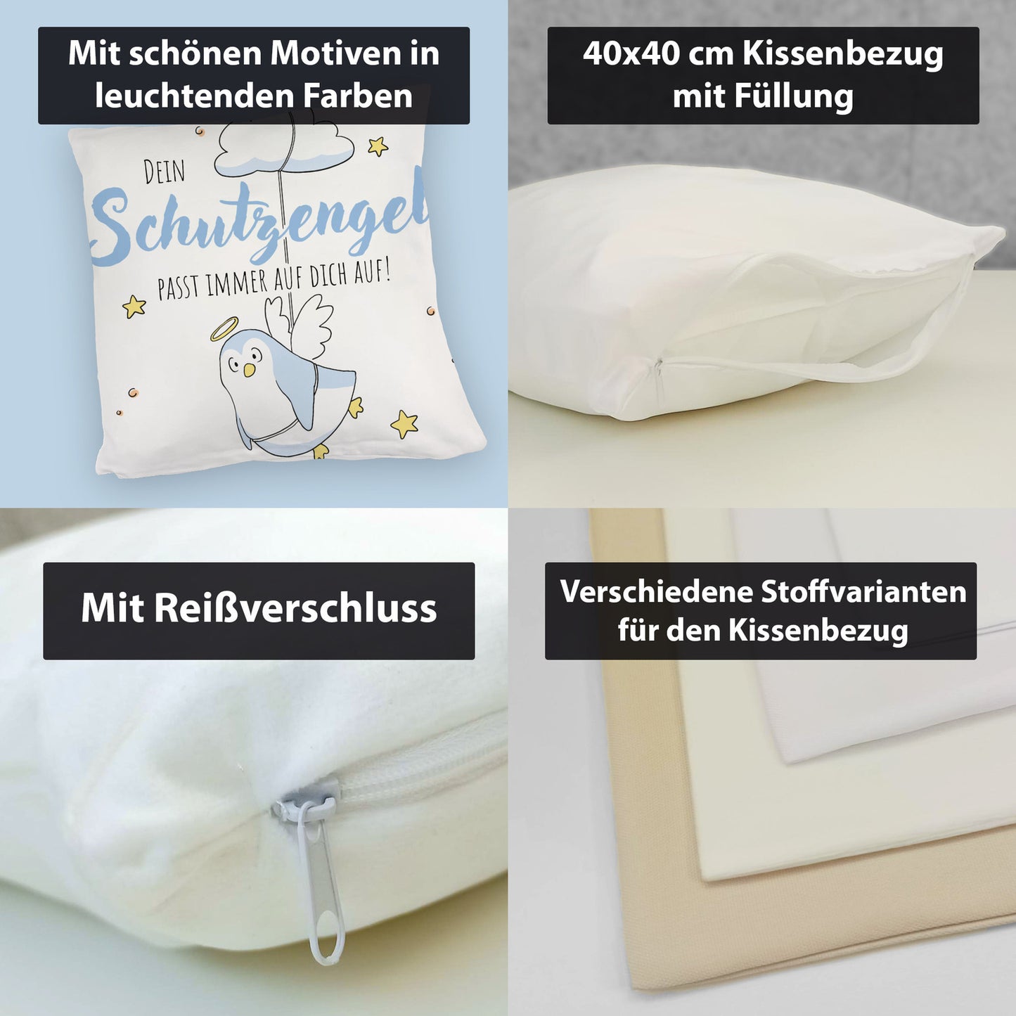 Schutzengel-Pinguin Kuschelkissen in blau mit Spruch passe immer auf dich auf