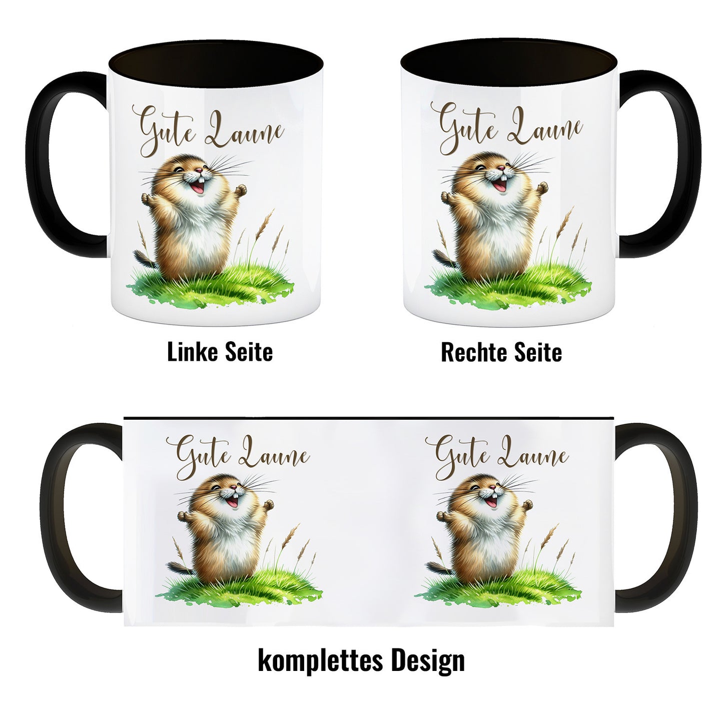 jubelnder Lemming Kaffeebecher in schwarz mit Spruch Gute Laune