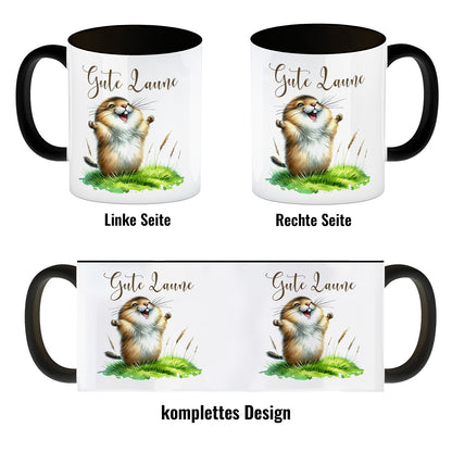 jubelnder Lemming Kaffeebecher in schwarz mit Spruch Gute Laune