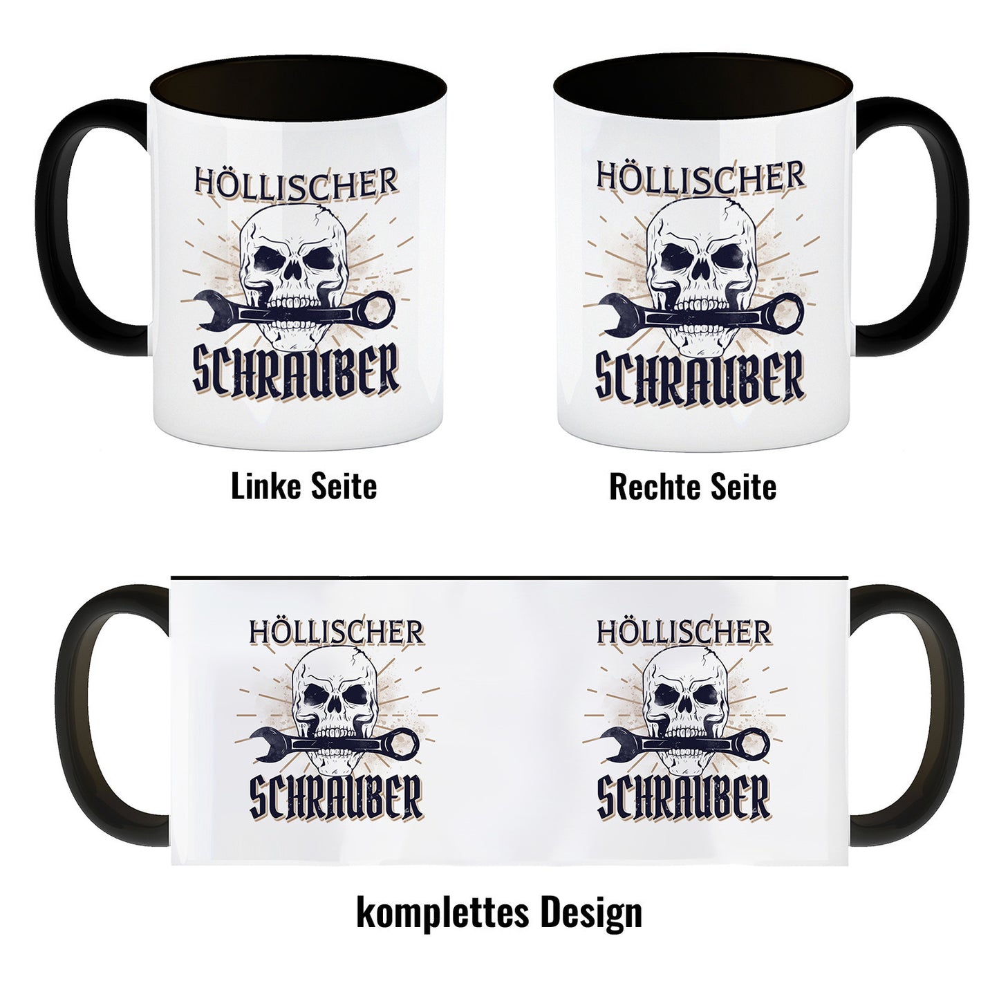 Höllischer Schrauber Kaffeebecher Schwarz mit Totenkopf und Schraubenschlüssel Motiv