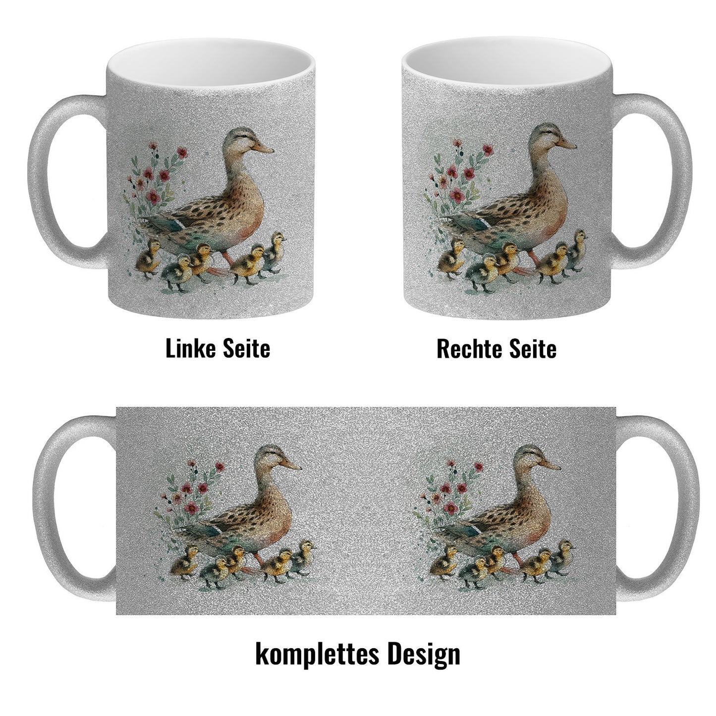 Ente mit Küken Glitzer-Kaffeebecher