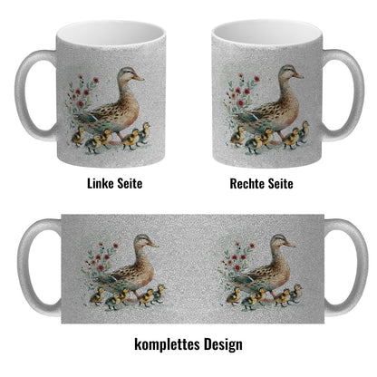 Ente mit Küken Glitzer-Kaffeebecher