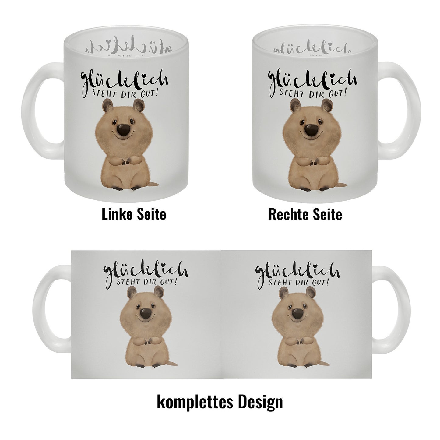 Quokka Glas Tasse mit Spruch Glücklich steht dir gut