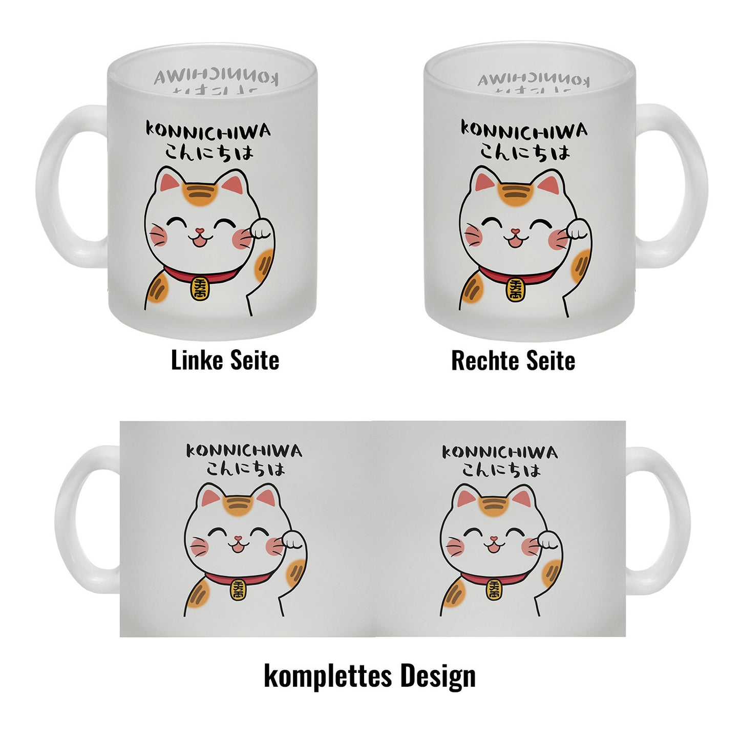 Winkekatze Glas Tasse mit Spruch Konnichiwa