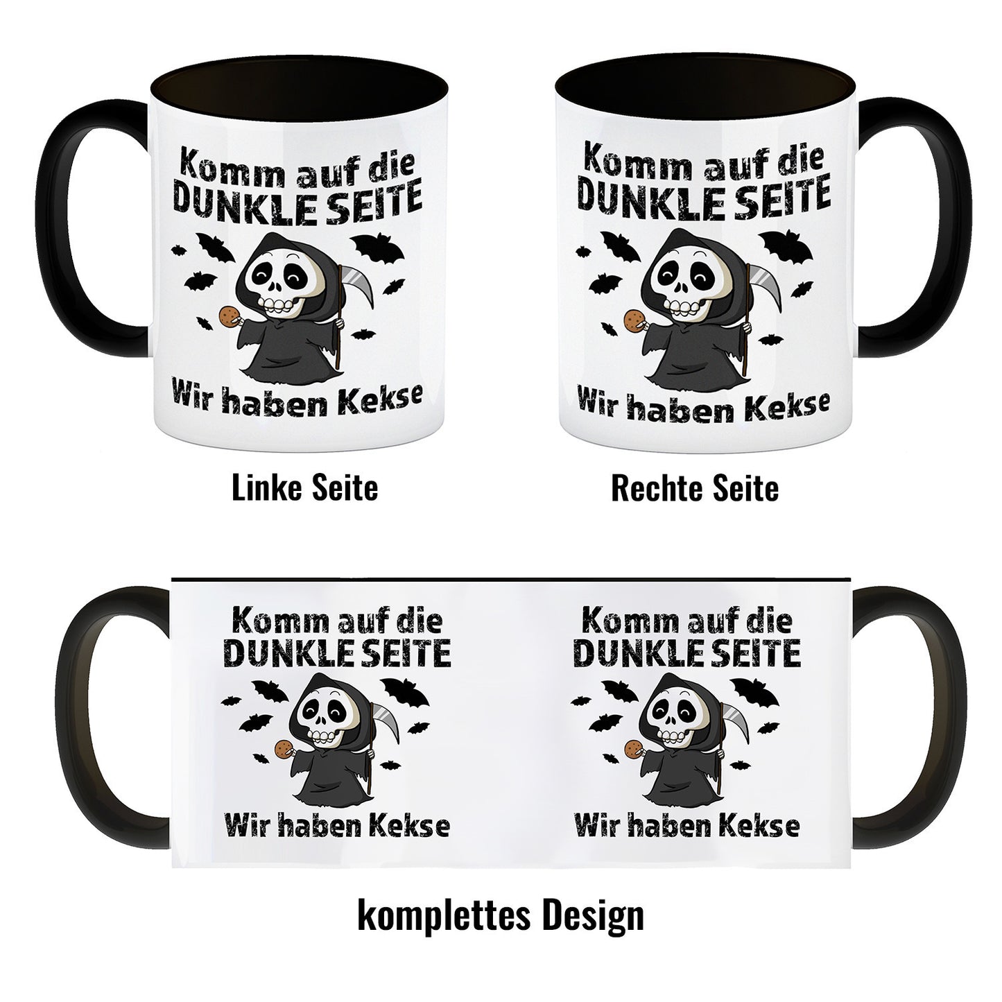 Komm auf die dunkle Seite Kaffeebecher in schwarz mit Spruch Wir haben Kekse