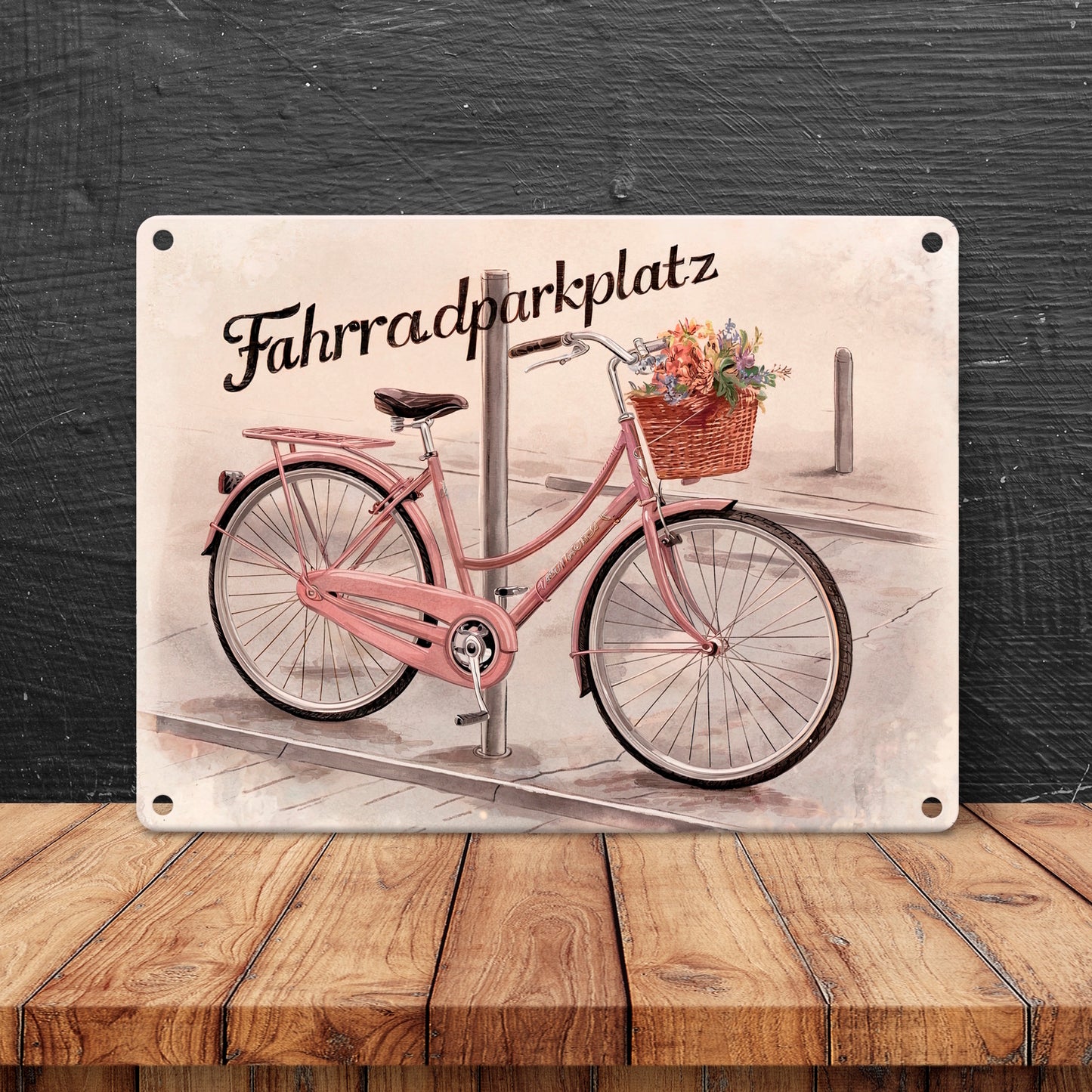 Fahrradparkplatz Metallschild in 15x20 cm mit rosa Drahtesel und Blumenkorb