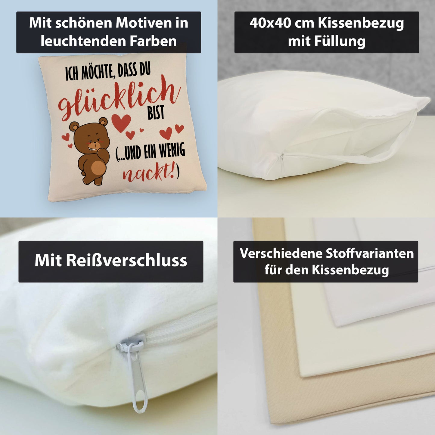 Knuddelbär Kissen mit Leinenoptik mit Spruch Strebe nach Glück und Nacktheit