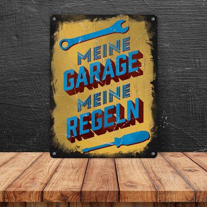 Meine Garage meine Regeln Metallschild in 15x20 cm im Used-Look