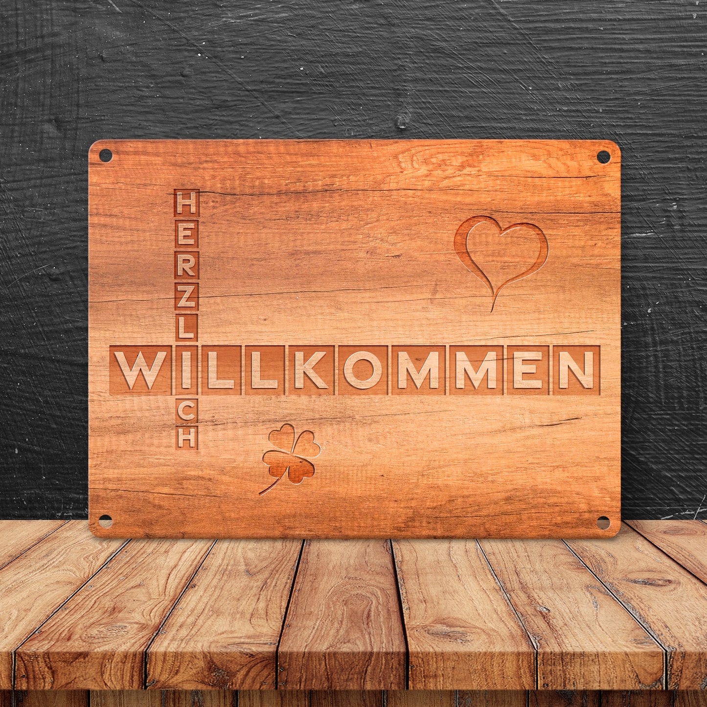 Herzlich Willkommen Metallschild in 15x20 cm in Holzoptik