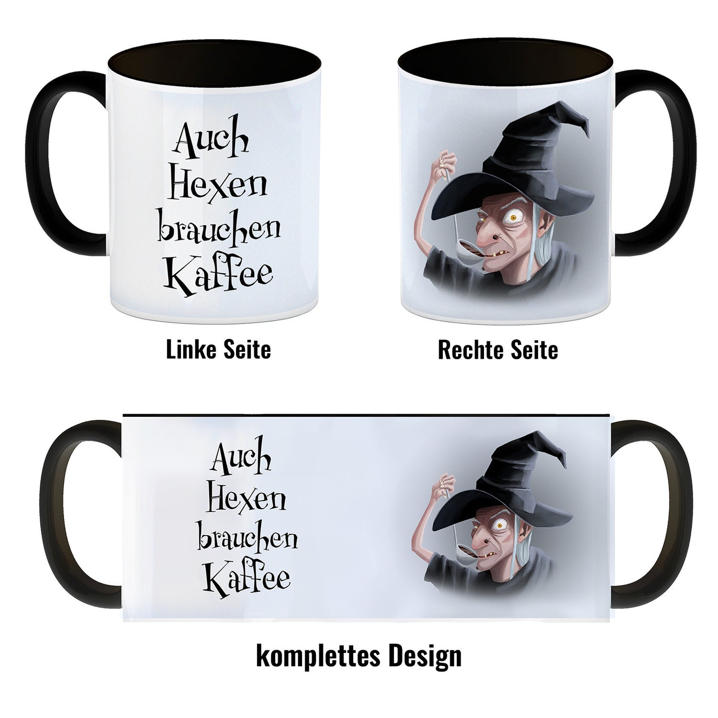 Kaffeebecher Schwarz mit lustigem Motiv und Spruch - Auch Hexen brauchen Kaffee -