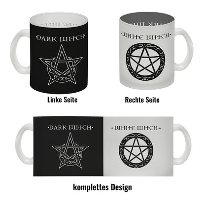 Glas Tasse mit magischen Pentagrammen und Spruch - White Witch - Dark Witch