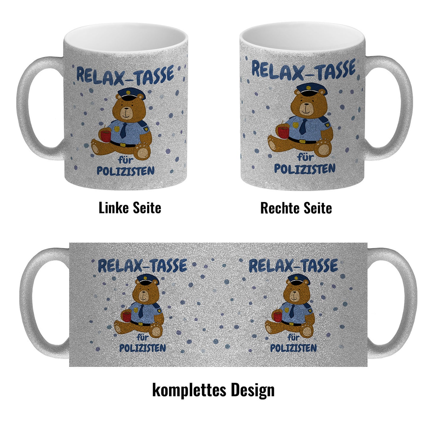 Relax Tasse für Polizisten Glitzer-Kaffeebecher mit hübschem Bär-Motiv