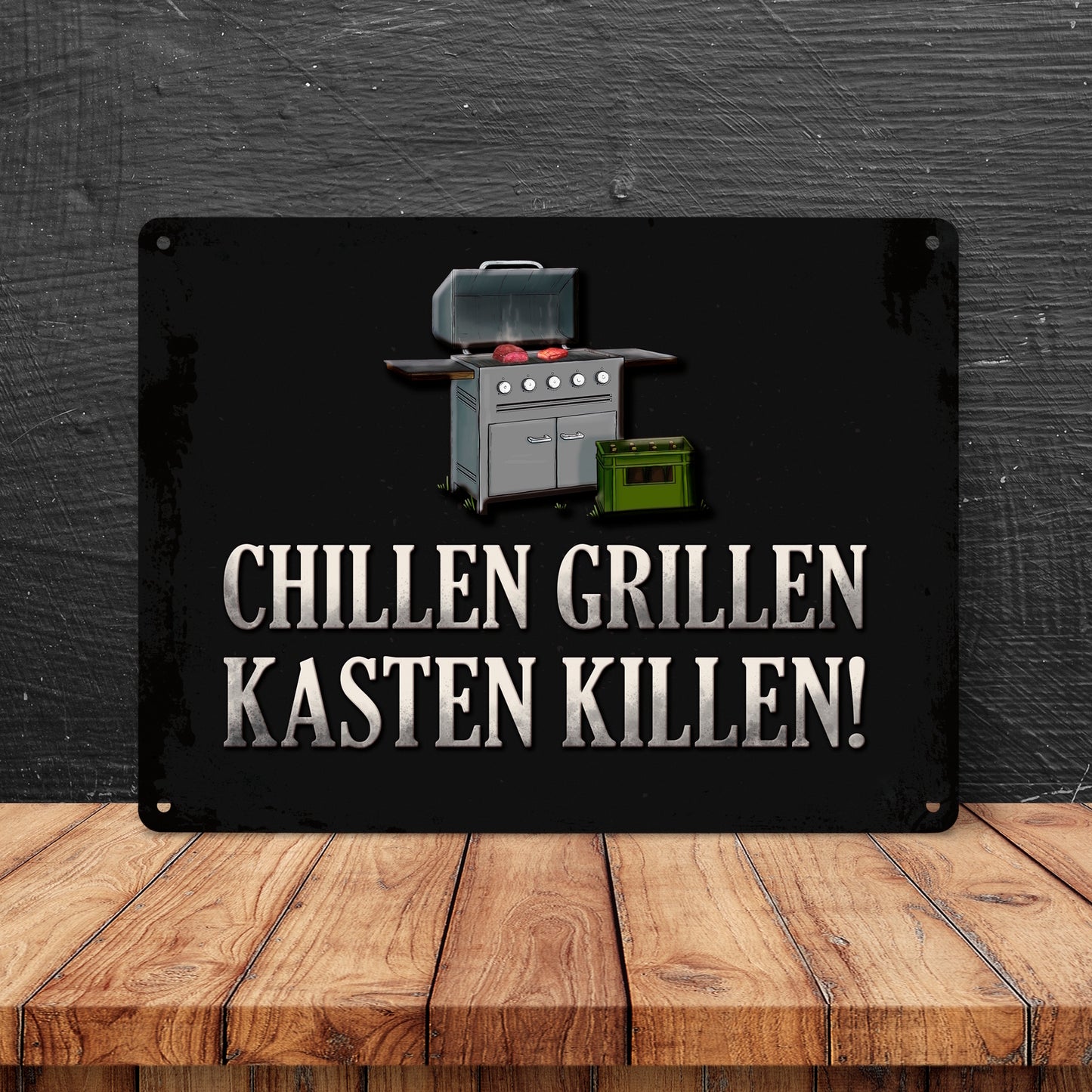 Metallschild XL mit Grill Motiv und Spruch: Chillen, grillen, Kasten killen