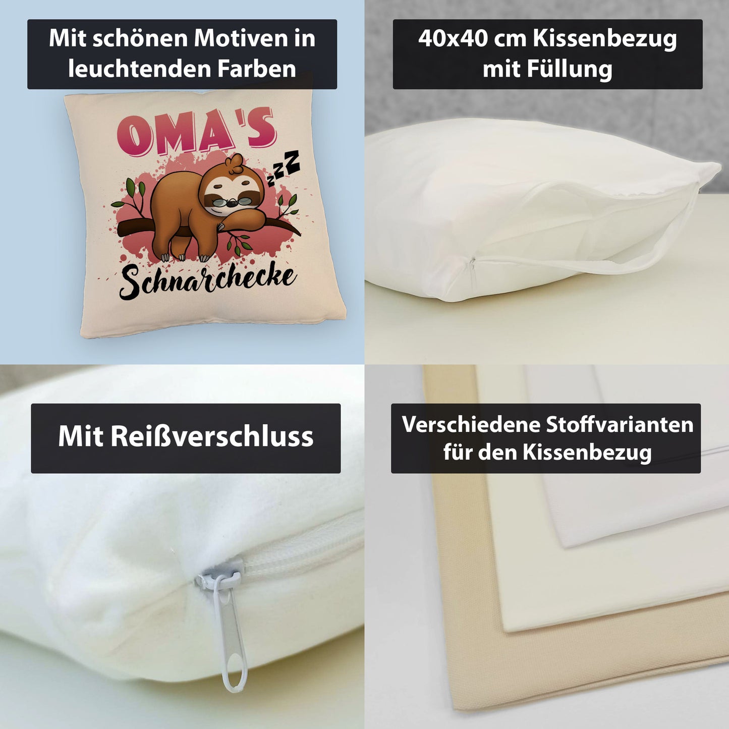 Faultier Kissen mit Leinenoptik mit Spruch Oma's Schnarchecke