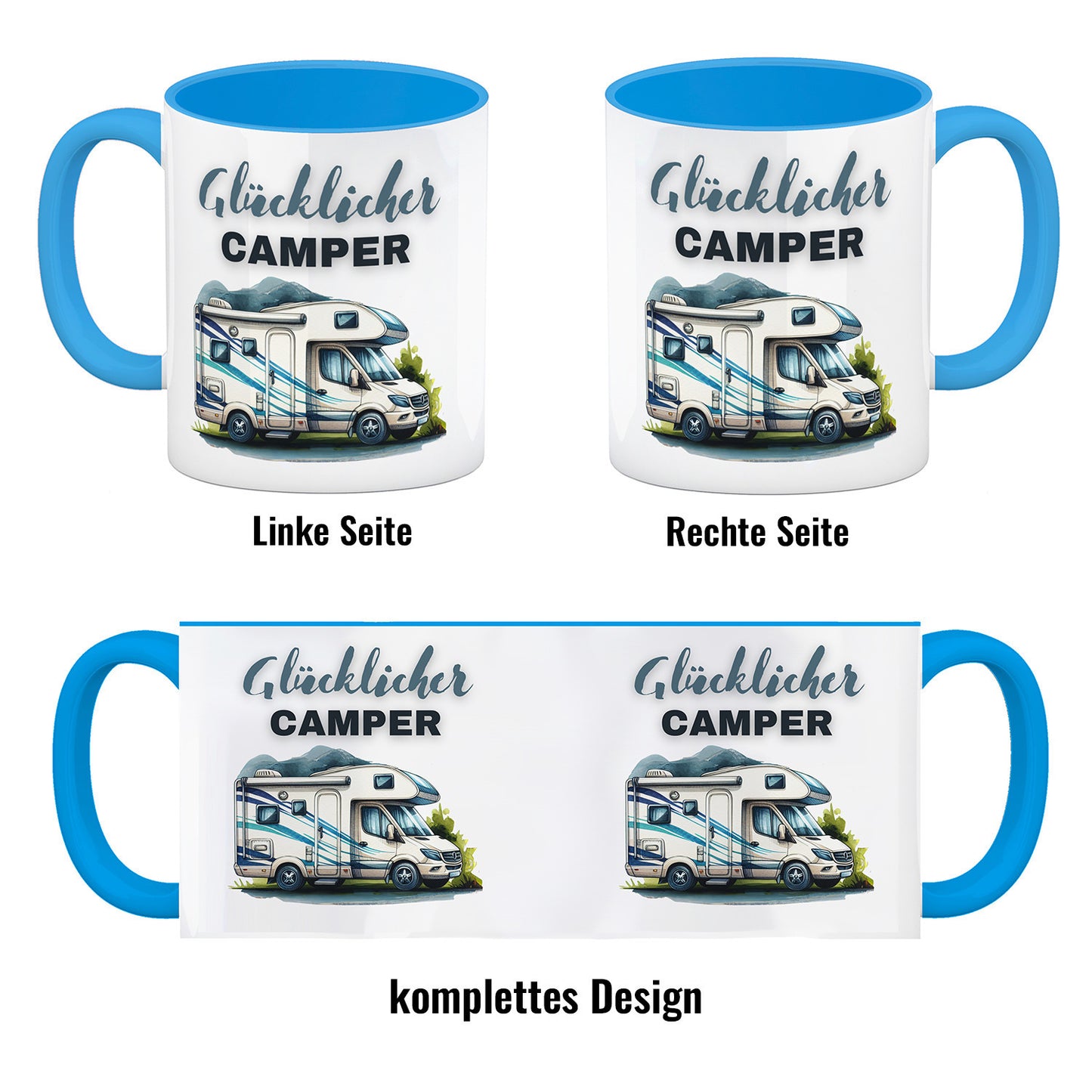 Wohnmobil Kaffeebecher in hellblau mit Spruch Glücklicher Camper