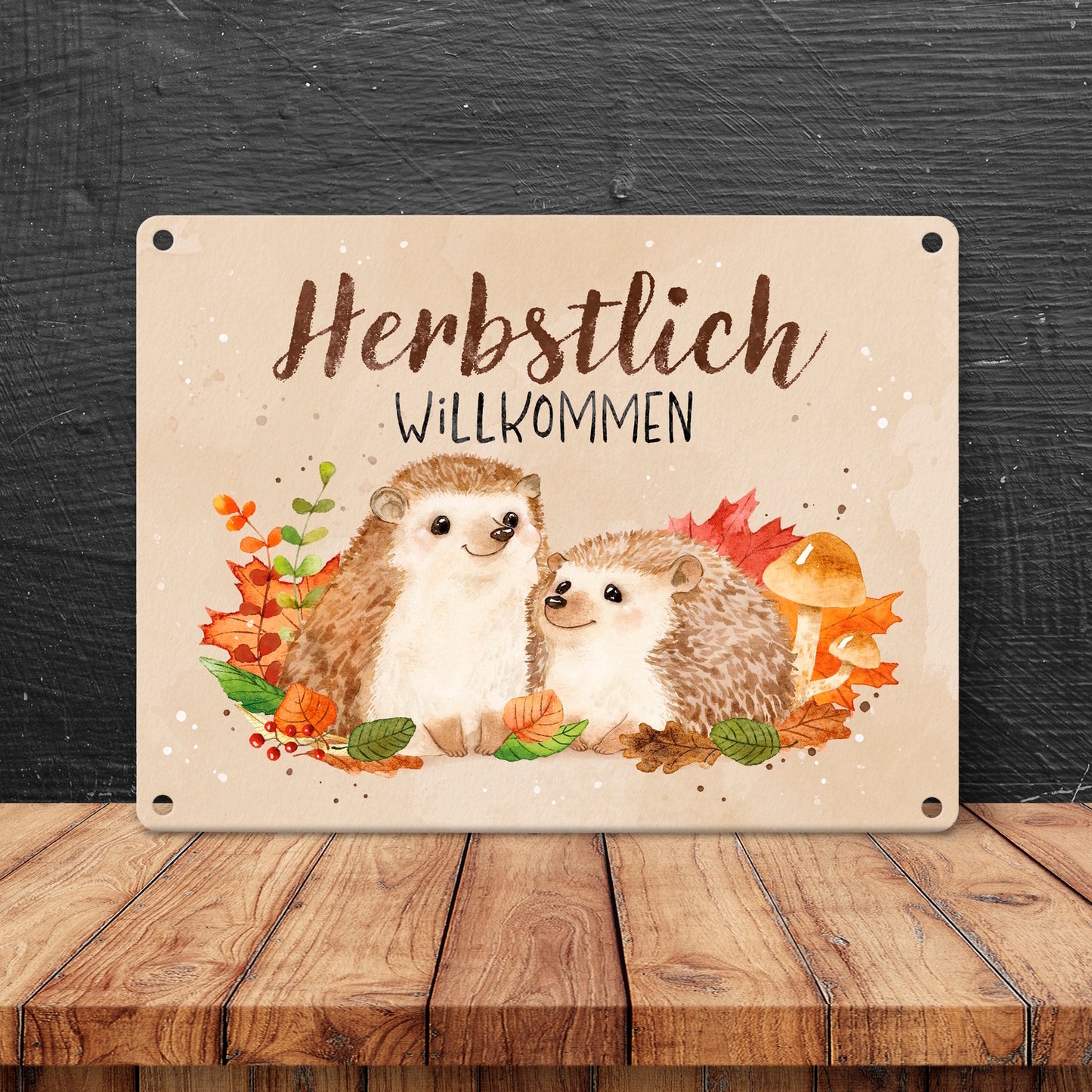 Igel Paar Metallschild in 15x20 cm mit Spruch Herbstlich Willkommen