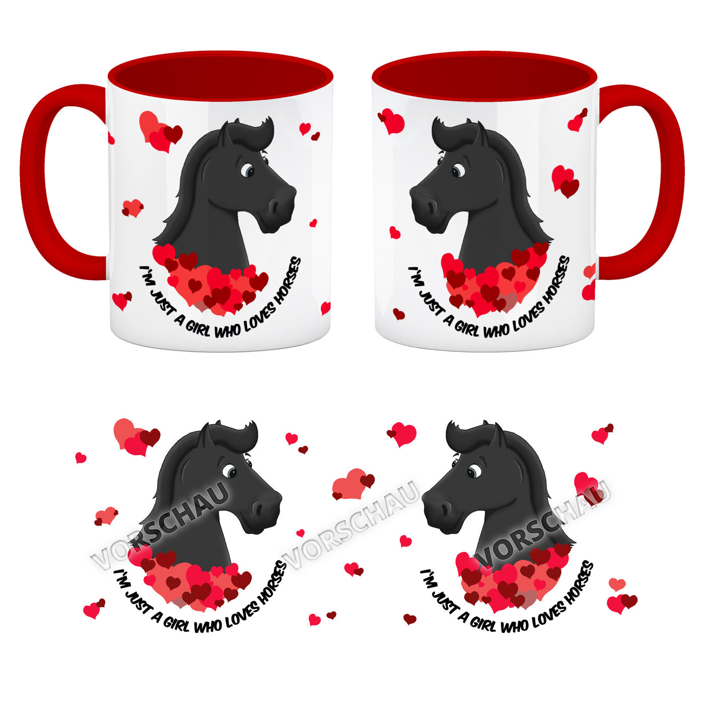 I'm just a girl who loves horses Kaffeebecher Henkel und Innenseite Rot mit schwarzes Pferd Motiv