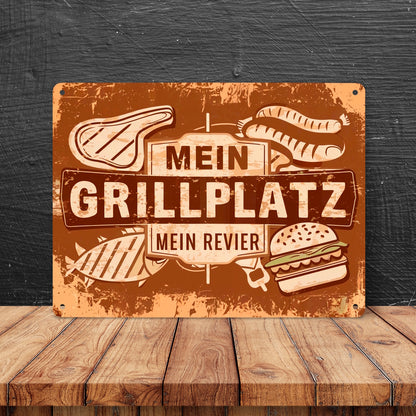 Grillplatz Vintage Metallschild XL in 21x28 cm - Mein Revier