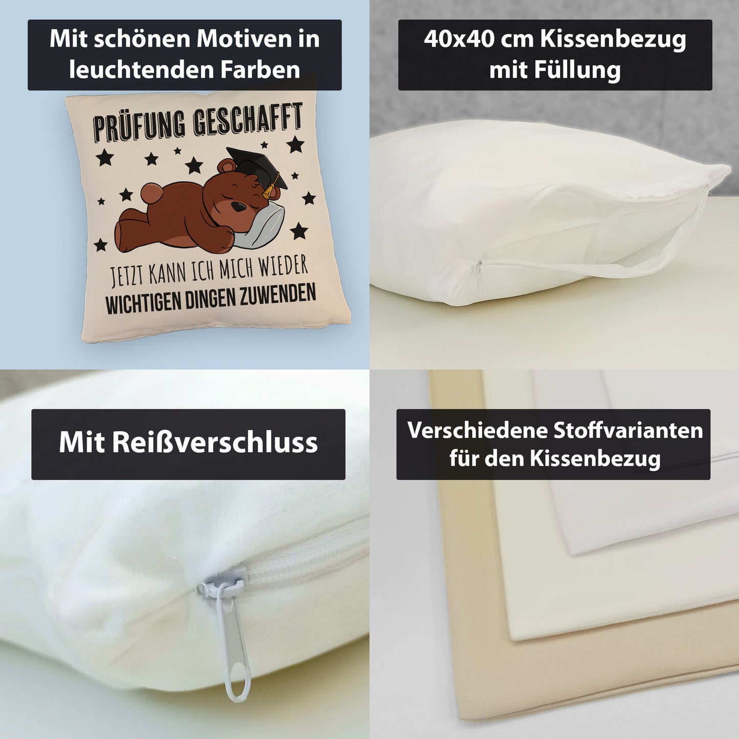 Schlafender Bär mit Doktorhut Kissen mit Leinenoptik mit Spruch Prüfung bestanden