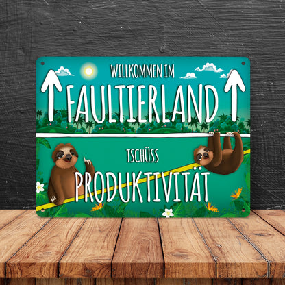 Metallschild XL mit Faultier Motiv und Spruch: Willkommen im Faultierland ...