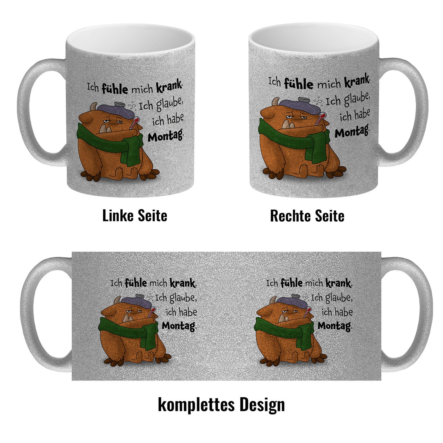 Freches Monster in orange Glitzer-Kaffeebecher mit lustigem Spruch