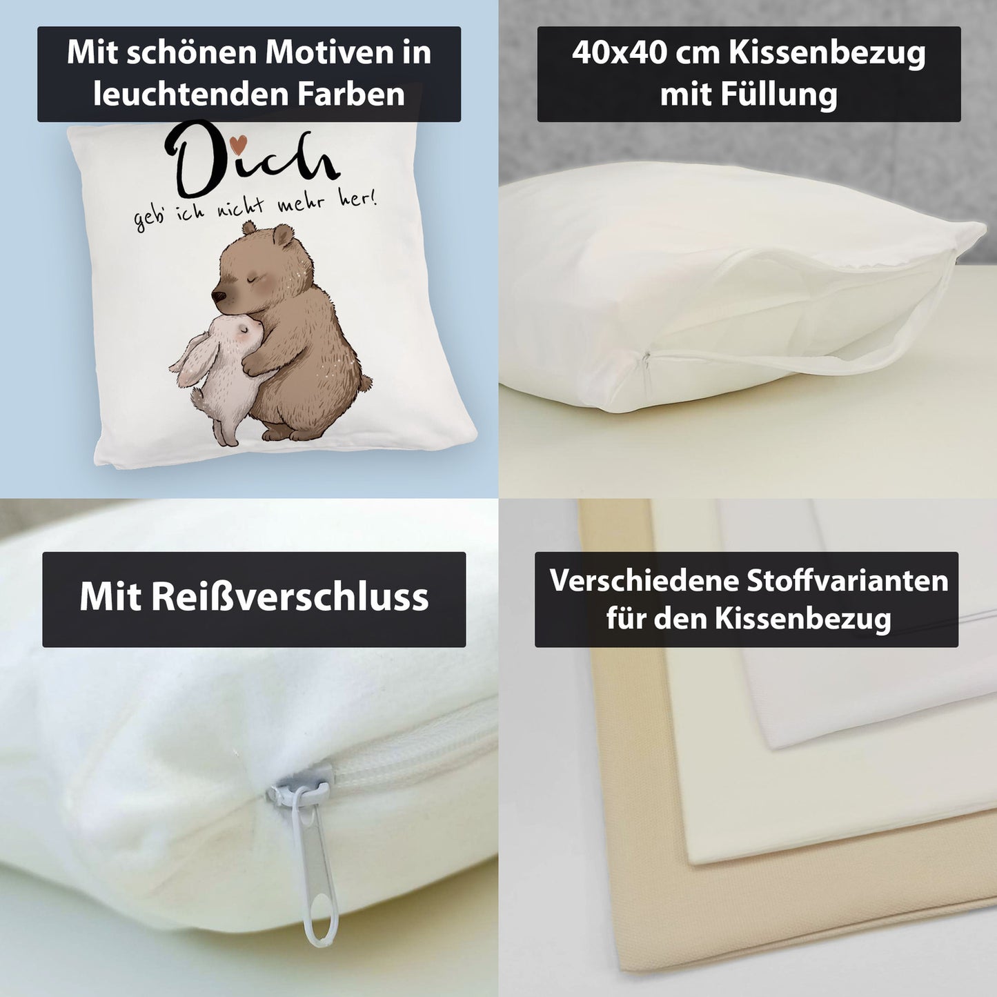 Hase und Bär Kuschelkissen mit Spruch Dich geb ich nicht mehr her